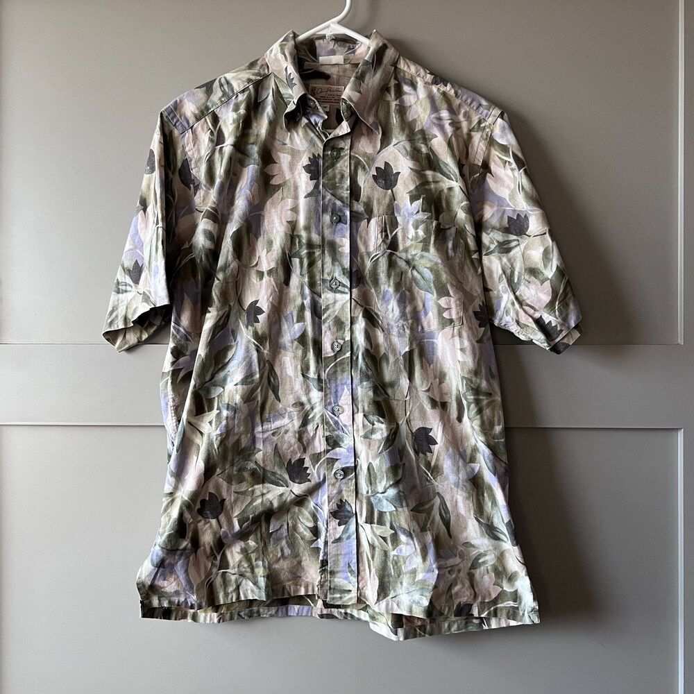 Andy Mohan Hawaiian‎ Aloha Shirt Men Medium Green Floral Leaves Buttons Tropical